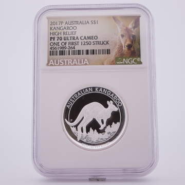 Australia 2017 Kangaroo High Relief 1 oz Ag 999 – NGC PF 70 Ultra Cameo