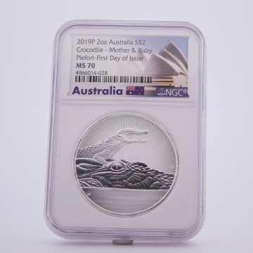 Australia 2019 – 2 dolary, 2 oz srebra, Mother & Baby Crocodile Piedfort NGC MS 70 FDI